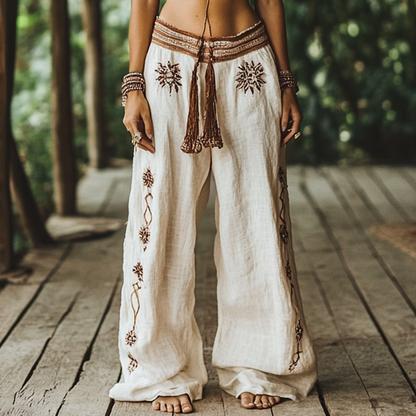 Hamivibe Vintage Bohemian Floral Ethnic Art Printed Cotton Linen Wide Leg Pants d1ef