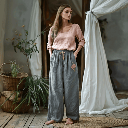 Women's Linen Bohemian Style Cropped Wide-leg Trousers Pants