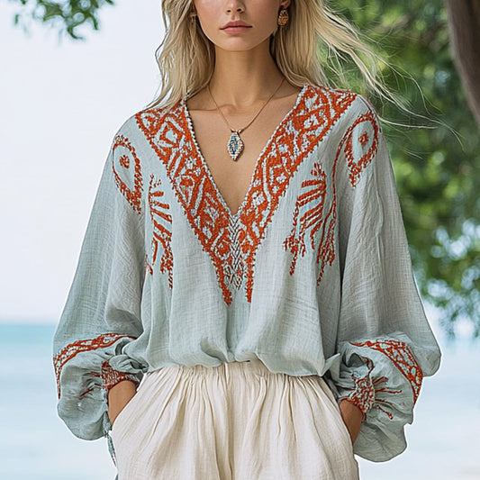 Women's Bohemian Ethnic Pattern Linen Style Casual Long-sleeved Top Shirt