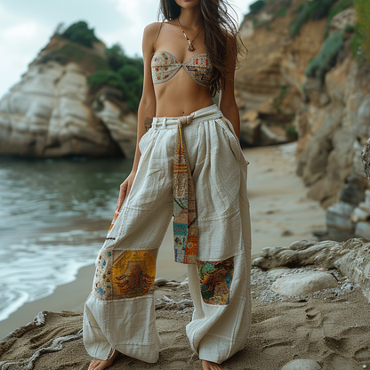 Resort Linen Ethnic Print Loose Bohemia Style Trousers