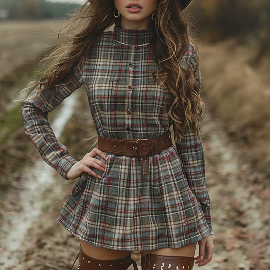 Women's Retro Plaid Pastoral Style Long-sleeve Short Dress