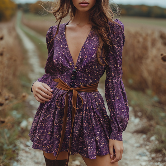 Women's Retro Pastoral Leopard Style Long-sleeve Short Skirt Dress