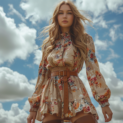 Women's Retro Floral Bohemian Pastoral Style Long-sleeved Mini Short Dress