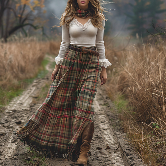 Women's Retro Plaid V-neck Long-sleeve Long Skirt Pastoral Style Maxi Long Dress