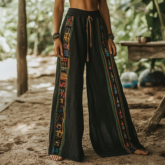 Bohemian Holiday Style Retro Linen Floral Ethnic Totem Print Casual Pants