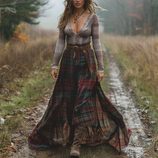 Women's Retro Plaid V-neck Long-sleeve Long Skirt Pastoral Style Maxi Long Dress