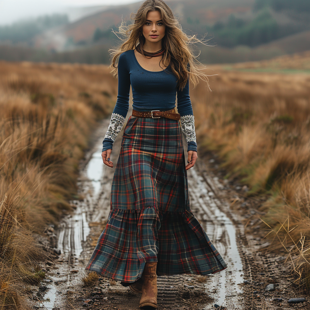 Women's Retro Round Neck Long-sleeve Long Skirt Plaid Pastoral Style Maxi Long Dress
