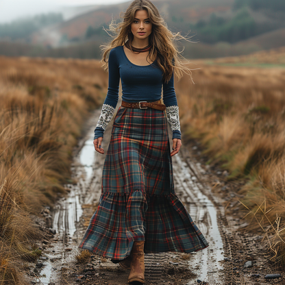 Women's Retro Round Neck Long-sleeve Long Skirt Plaid Pastoral Style Maxi Long Dress