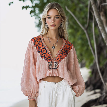 Women's Bohemian Ethnic Pattern Linen Style Casual Long-sleeved Top Shirt