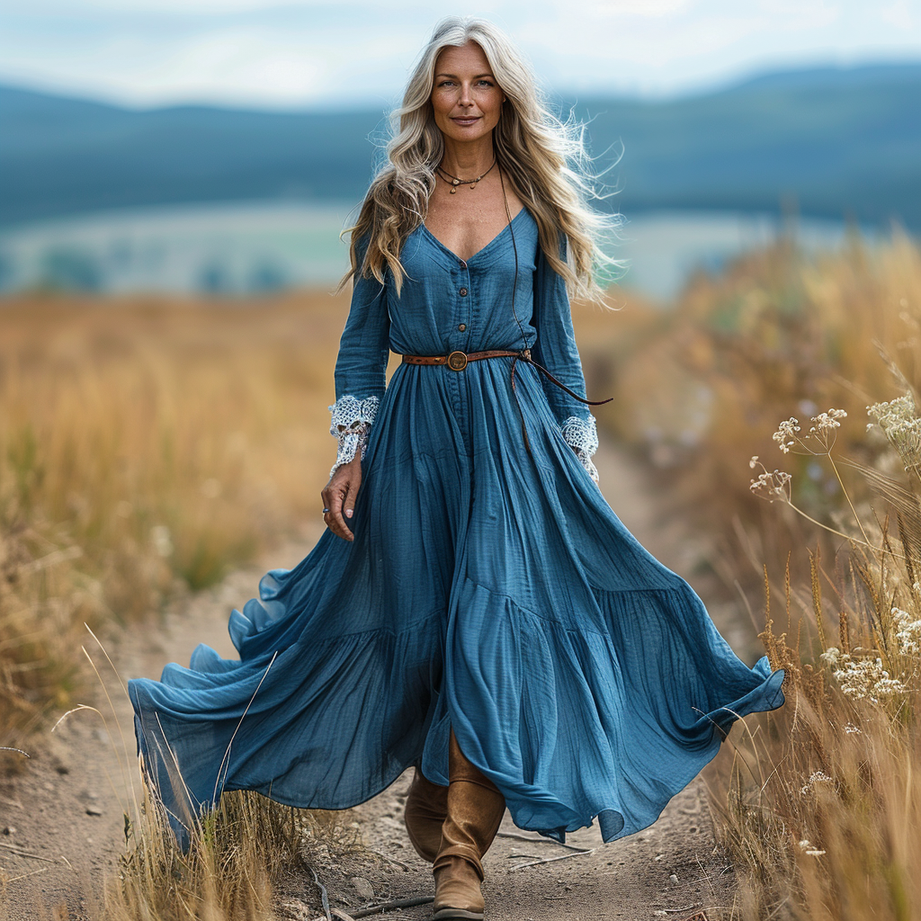 Women's Vintage Pastoral Style V-neck Linen Long-sleeve Maxi Long Dress