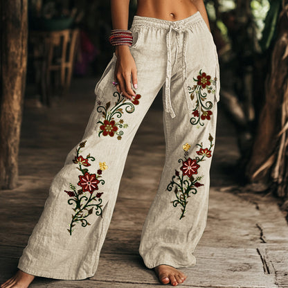 Hamivibe Vintage Floral Art Printed Cotton Linen Wide Leg Pants d628