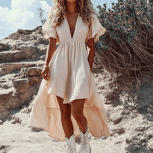 Women's Holiday Linen Bohemia Style Casual Mini Short Dress