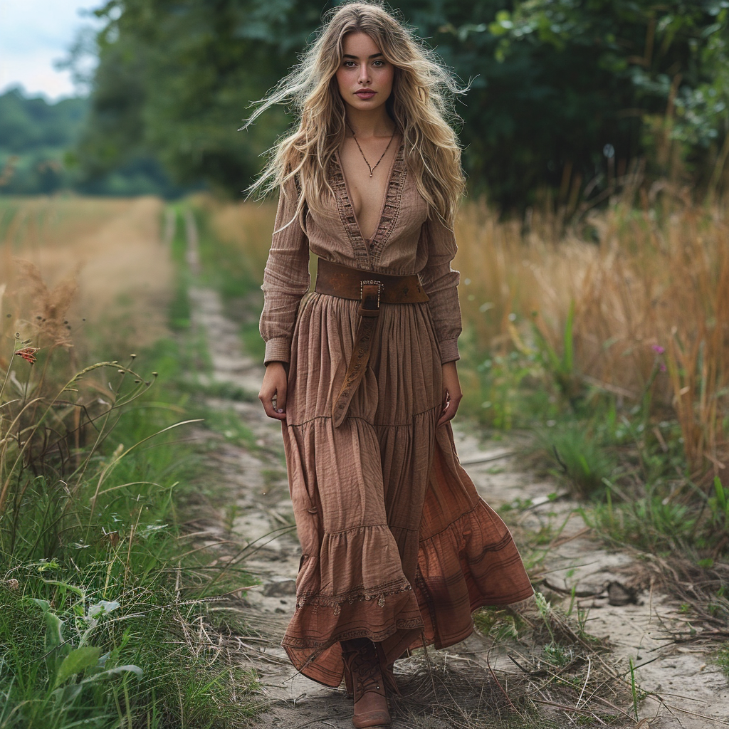 Women's Vintage V-neck Bohemian Pastoral Style Long-sleeved Maxi Long Dress