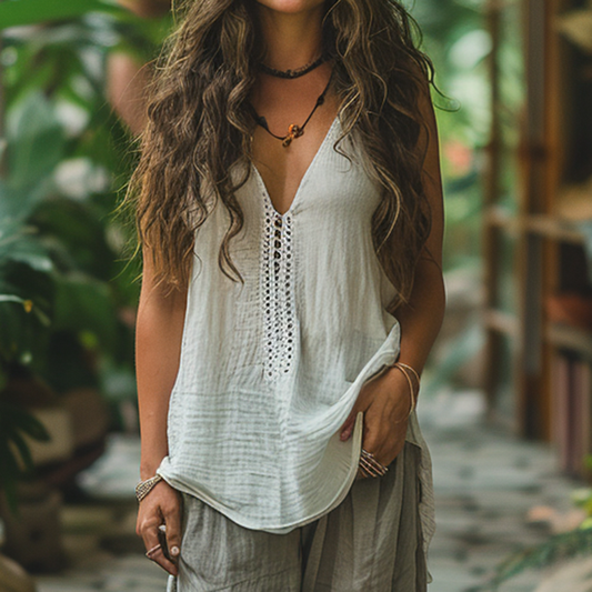Women's Retro Loose Bohemia Ethnic Style Linen V-neck Suspender Sleeveless Top