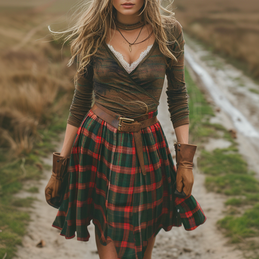 Women's Autumn And Winter Long-sleeve Dress Short Skirt Christmas Plaid Skirt