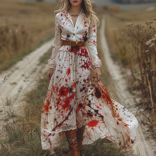 Women's Retro V-neck Pastoral Halloween Party Style Long-sleeve Maxi Long Dress