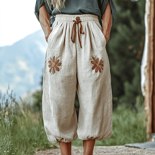 Women's Linen Bohemian Style Cropped Harem Trouser Pants
