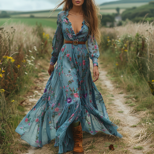Women's Vintage Country Pastoral Linen Style Long-sleeve Maxi Long Dress