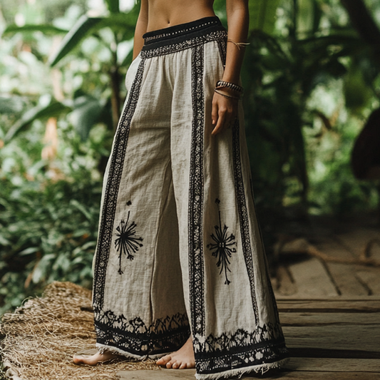 Bohemian Holiday Style Retro Linen Floral Ethnic Totem Print Casual Pants