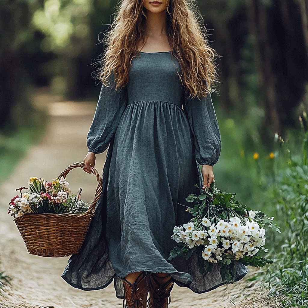Women's Linen Bohemian Style Solid Color Simple Long-sleeve Maxi Long Dress