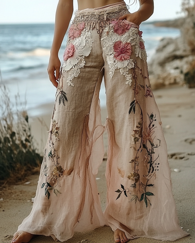 Summer Vacation Lace Handmade Floral Embroidery Pants  0214
