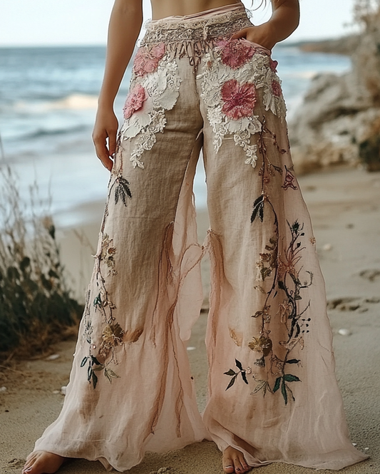 Summer Vacation Lace Handmade Floral Embroidery Pants  0214
