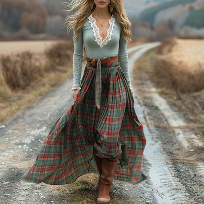 Women's Retro Plaid V-neck Long-sleeve Long Skirt Pastoral Style Maxi Long Dress