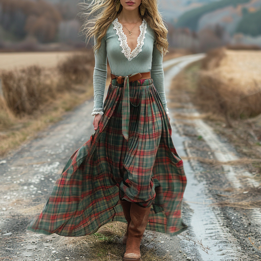 Women's Retro Plaid V-neck Long-sleeve Long Skirt Pastoral Style Maxi Long Dress