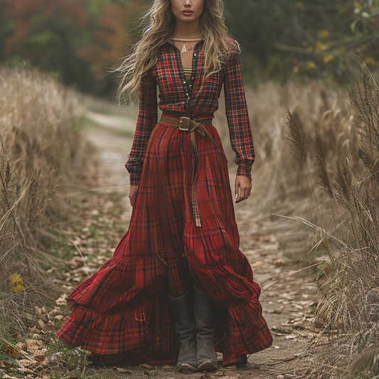 Women's Retro V-neck Plaid Long-sleeve Bohemian Pastoral Style Maxi Long Dress