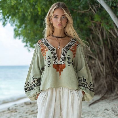 Women's Bohemian Ethnic Pattern Linen Style Casual Long-sleeved Top Shirt