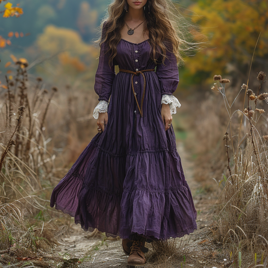Women's Vintage V-neck Linen Long-sleeve Maxi Long Dress