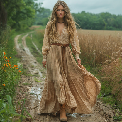 Women's Retro V-neck Country Pastoral Linen Style Long-sleeve Casual Maxi Long Dress