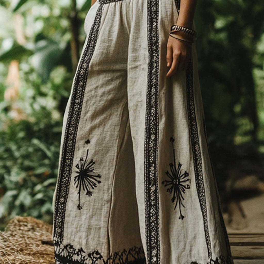 Bohemian Holiday Style Retro Linen Floral Ethnic Totem Print Casual Pants