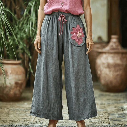 Women's Linen Ethnic Bohemian Style Floral Casual Simple Wide-leg Trousers Pants