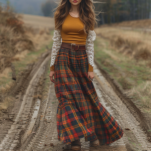 Women's Retro Round Neck Long-sleeve Long Skirt Plaid Pastoral Style Maxi Long Dress