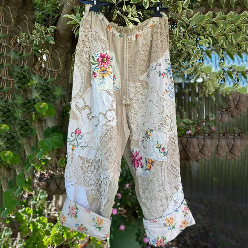 Hamivibe Vintage Floral Lace Patchwork Fabric Casual Wide-leg Pants 7a30