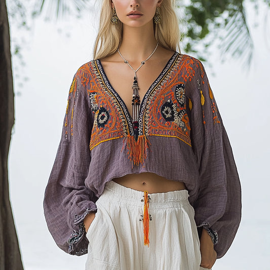 Women's Bohemian Ethnic Pattern Linen Style Casual Long-sleeved Top Shirt