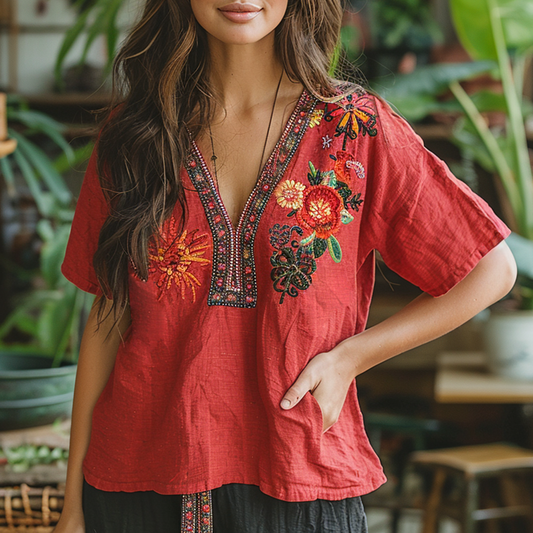 Retro Loose Bohemia Ethnic Style Linen V-neck Short-sleeved Top