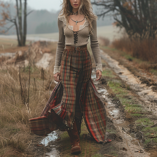 Women's Retro Plaid V-neck Long-sleeve Long Skirt Pastoral Style Maxi Long Dress