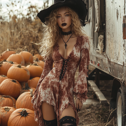 Women's Halloween Witch Style Tie-dye Long-sleeve Mini Short Dress