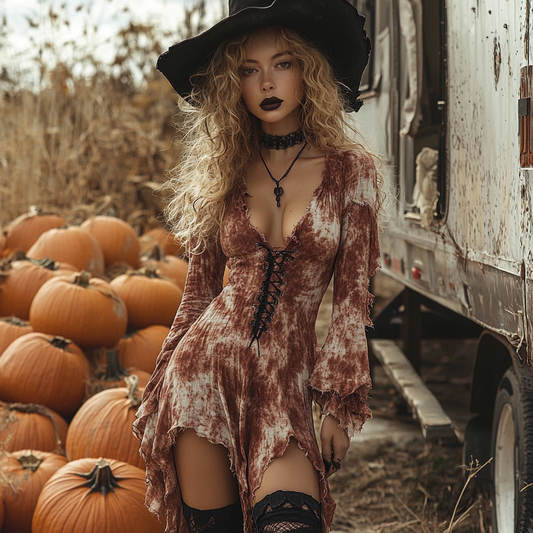 Women's Halloween Witch Style Tie-dye Long-sleeve Mini Short Dress