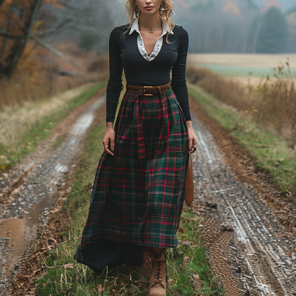 Women's Retro Plaid V-neck Long-sleeve Long Skirt Pastoral Style Maxi Long Dress