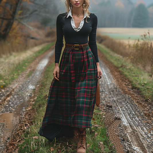 Women's Retro Plaid V-neck Long-sleeve Long Skirt Pastoral Style Maxi Long Dress