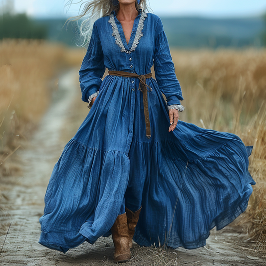 Women's Vintage V-neck Linen Long-sleeve Maxi Long Dress