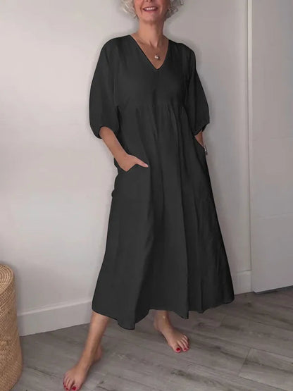 Women's V-neck Solid Color Mid-length Sleeve Cotton and Linen Dress