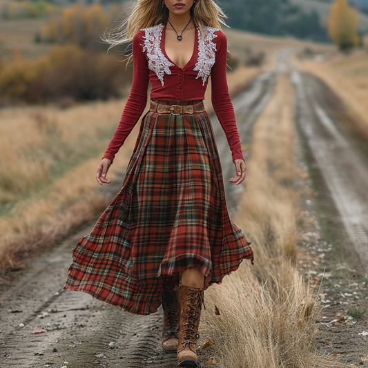 Women's Retro Plaid V-neck Long-sleeve Long Skirt Pastoral Style Maxi Long Dress