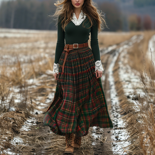 Women's Retro Plaid V-neck Long-sleeve Long Skirt Pastoral Style Maxi Long Dress
