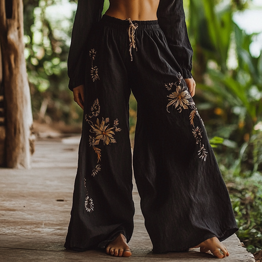 Bohemian Holiday Style Retro Linen Floral Ethnic Totem Print Casual Pants