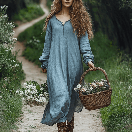 Women's Linen Bohemian Style Solid Casual Long-sleeve Maxi Long Dress