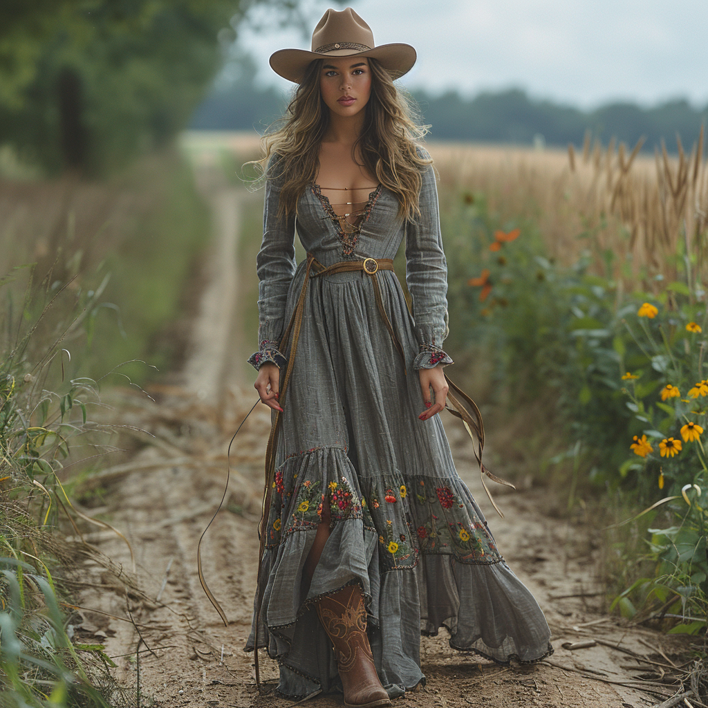 Women's Vintage V-neck Floral Bohemian Pastoral Style Long-sleeved Maxi Long Dress
